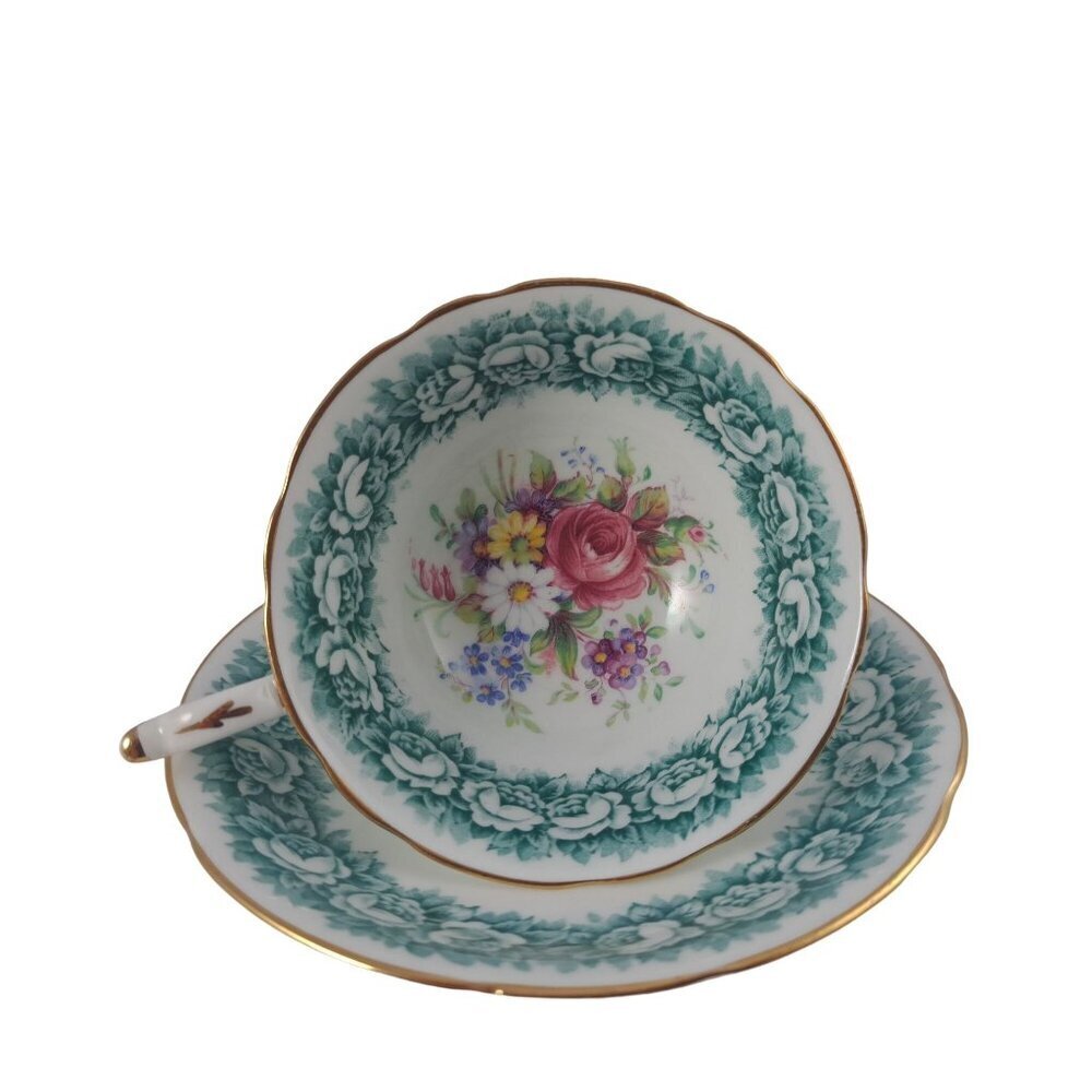 Paragon Tea Cup Saucer Green Rose Floral Bouquet Design Vintage